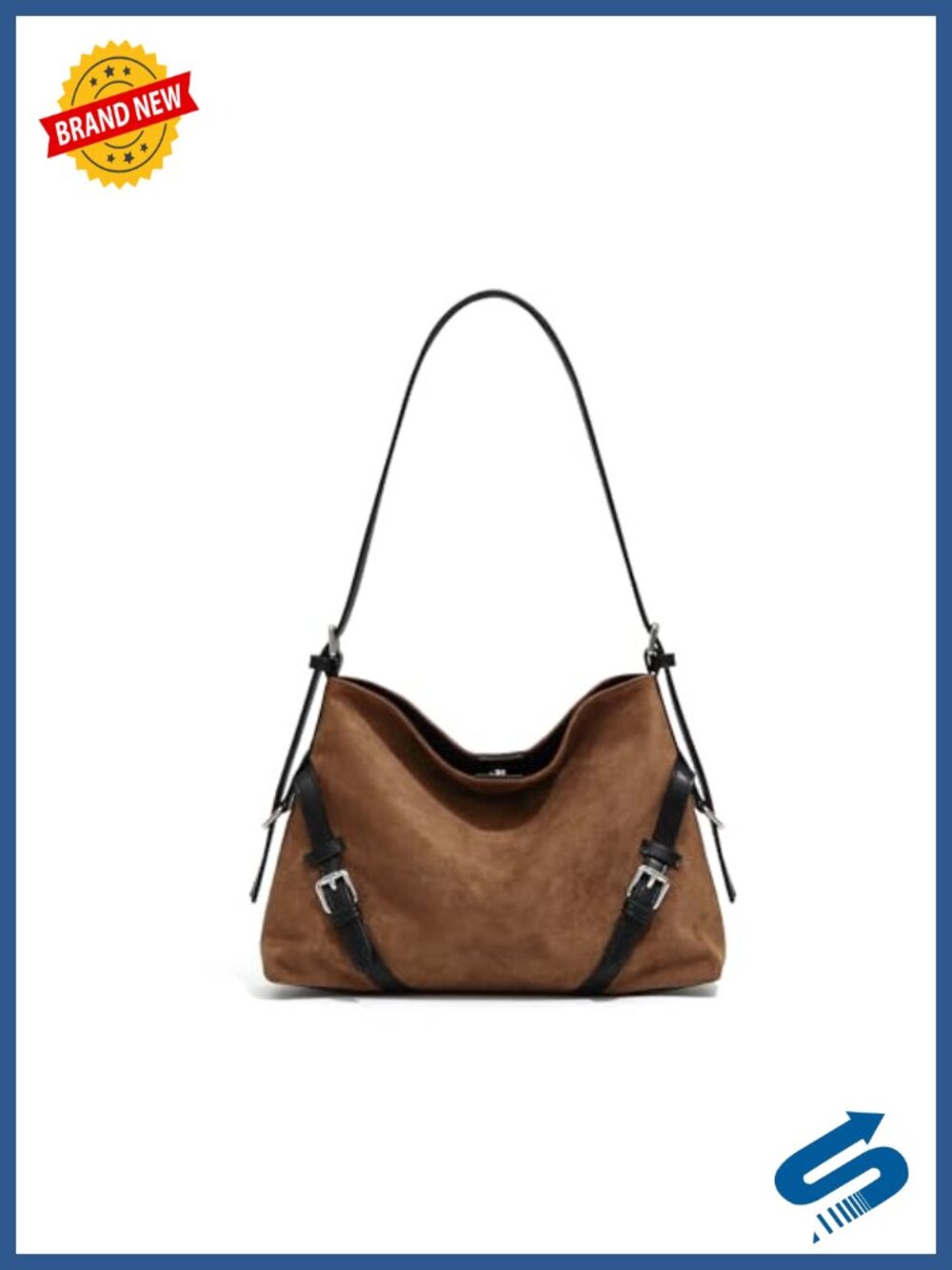 Large Brown Suede Hobo Shoulder Bag with Buckle Detail & Faux Leather Strap